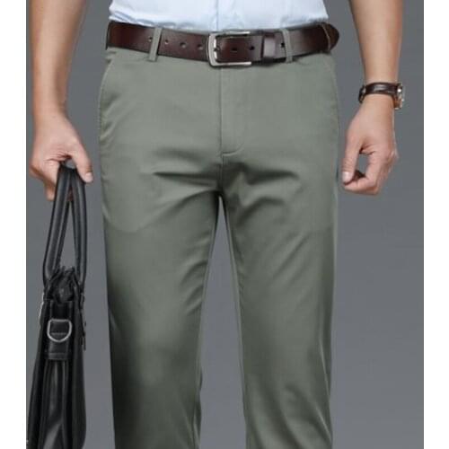 QUANBO Mens Relaxed-fit Casual Stretch Khaki 2021 summer thin mens business casual Trouser