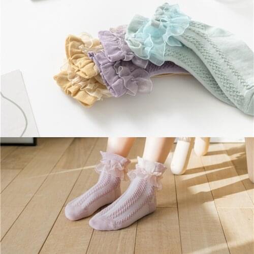 1 Pair Girls Socks Summer Fashion Kids Socks Baby Girl Toddle Ruffle Frilly White Pink Lace Design Cotton Spandex Material