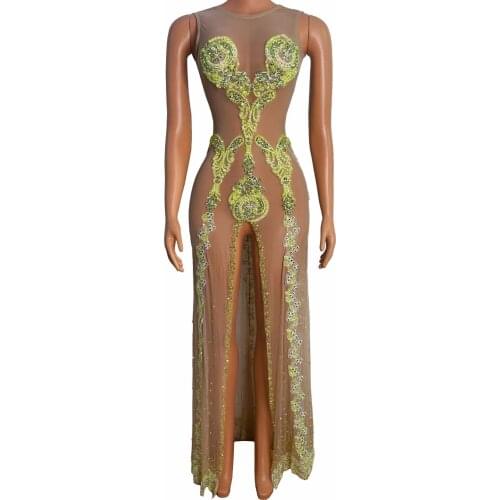 Birthday Celebrate Evening Mesh Clothes Prom Dancer Show Dresses Yellow Rhinestone Split Transparent Long Dresses for Women