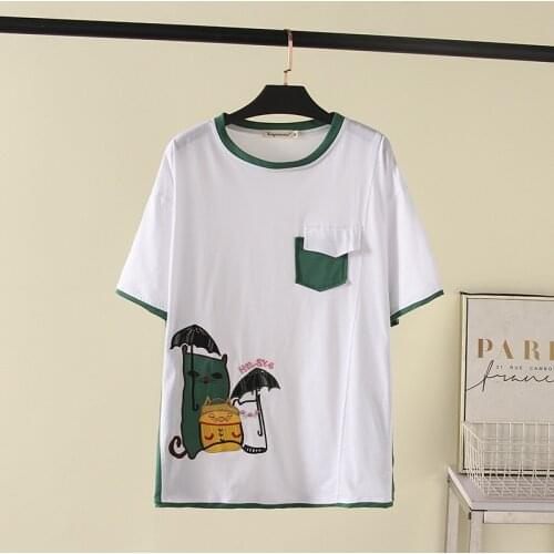 Plus Size XL-4XL Womens White Green Tshirts Cat Embroidery Tops Oversize Shirts