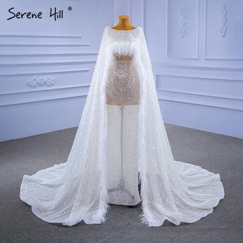 Serene Hill White High-end Luxury Evening Dresses Gowns 2021 Beaded Feather Cape Sleeve For Women Party HM67305