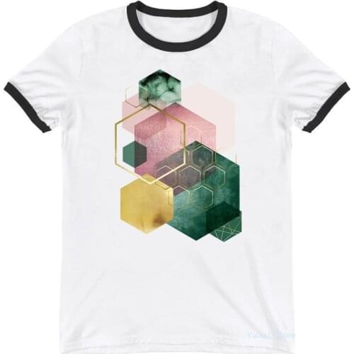 T-Shirt WomenS Clothing Cool Pink Golden Green Geometric Hexagons Print Tshirt Femme Summer Fashion Oversized T Shirt Female