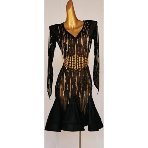 Womens Performance Long Sleeve Tassel Latin Dance Dress Acrylic Costumes Skirt Performing Dresses Rhinestones