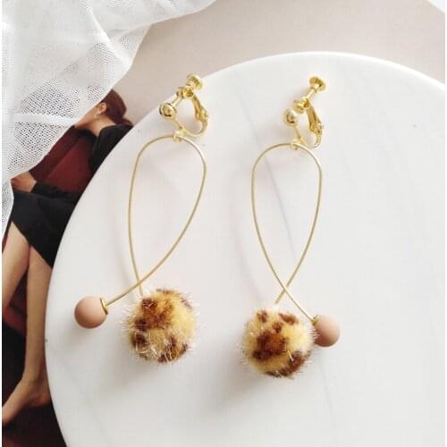 Long Cross X Line Curve Clips Earrings For Women Leopard Print Pompoms Ball No Ears Hole Clip on Earrings without piercing
