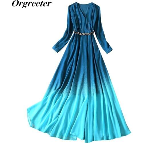 Fashion Design Summer Fall Long Maxi Dress Women V-neck Long Sleeve Ruched Contrast Color Gradient Chiffon Long Dress With Belt