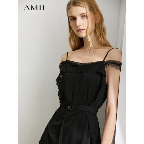 Amii Show Shoulder Suspender Dress Summer New French Eyelash Lace with Belt Skirt 11970197