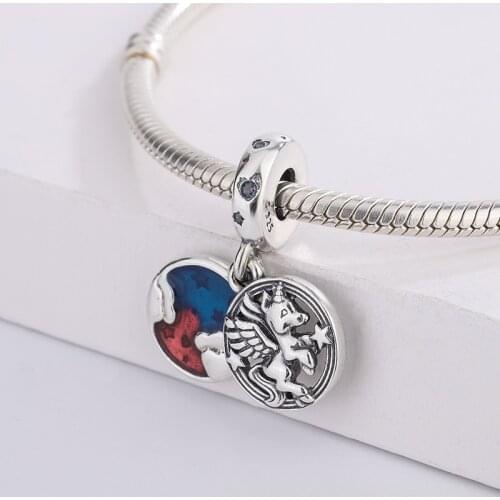 925 Sterling Silver Magical Unicorn Double Dangle Beads Pendant Charm Bracelet Fashion Jewelry DIY Making For Pandora