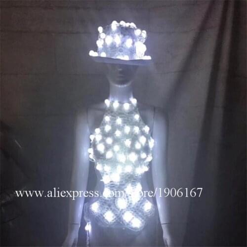 White Christmas Led Luminous Party Event Evening Dress Stage Props Sexy Costume Dance Team Bikini Suit Led Lighting Up Hat