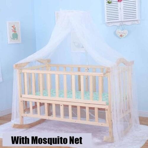 Auto Rocking Baby Cradle, Swing Pine Cribs, No Paint Safety Natural Color Kids Bed With Mosquito Net & Bedding Set