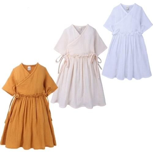 Cotton Linen Short Sleeve Bow 0-4 Years Baby Girl Summer Loose Ruffles European Style Dresses 2021 Children Clothing Sundress