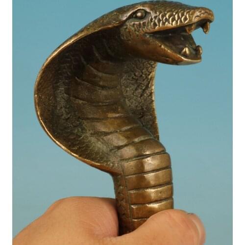 Chinese Old Bronze Handmade Carved cobra Snake Statue Cane Walking Stick Head