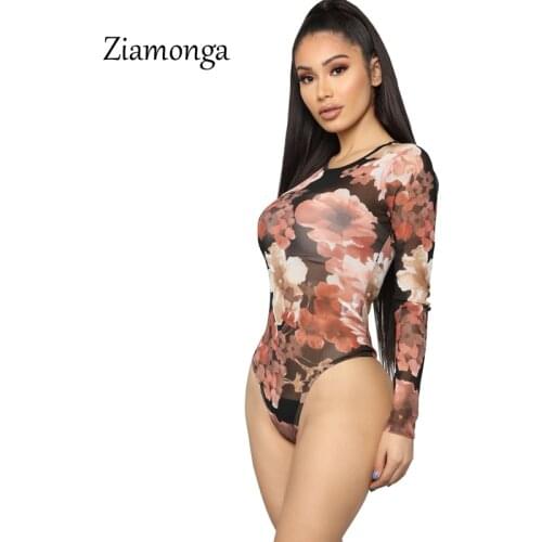 Ziamonga Bodysuit For Women Sexy Bodycon Skinny Body Suit Long Sleeve O-Neck Playsuit Casual Printed Romper Bodycon Jumpsuits