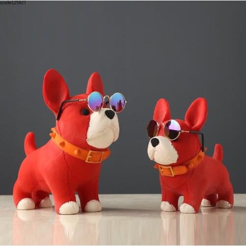 Creative Red Sunglasses Bulldog Sculpture Cute Cartoon Dog Crafts Ornaments Resin Animal Statue Birthday Gift Home Decoration