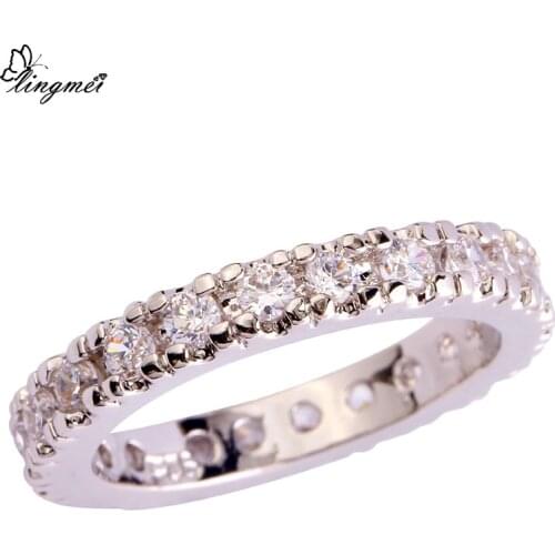 Lingmei Wholesale Cocktail Round White CZ Silver Color Ring Size 6 7 8 9 10 Women Wedding Rings for Women Romantic Love Style