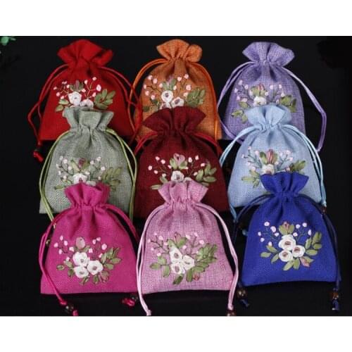 Small Drawstring Linen Jewelry Pouch Handmade Ribbon Embroidery Wedding Party Gift Bag Empty Sachet Cloth Packaging Bags 50pcs