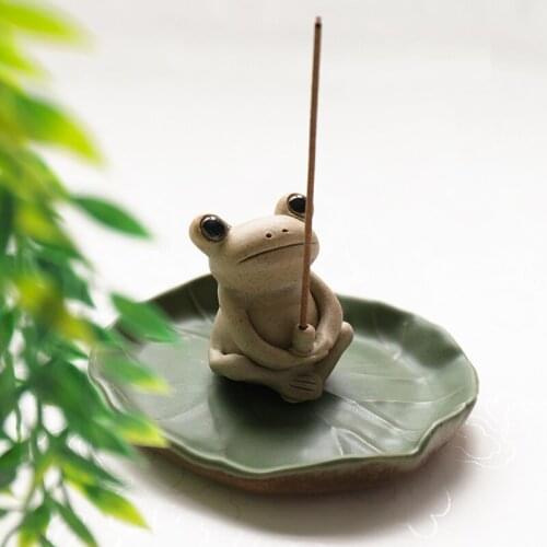 Mini Cute Ceramic Zen Green Frog Sculpture Censer Inserted Incense Stick House Tea Pet Manual Hand Figurines Crafts Home Decor
