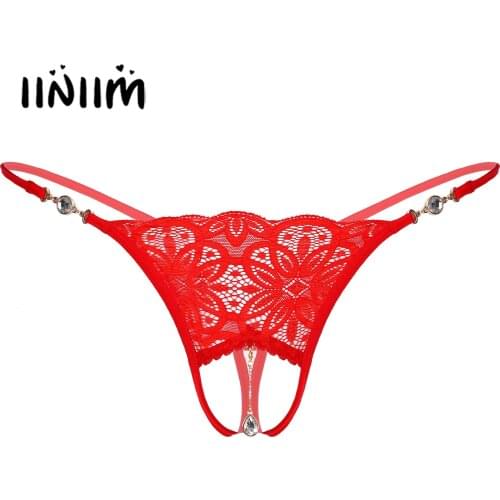 Mens Sissy Lingerie Hot Underwear Rhinestone Pendant Floral Lace G-string Low Rise Crotchless Thongs T-back Erotic Sexy Panties