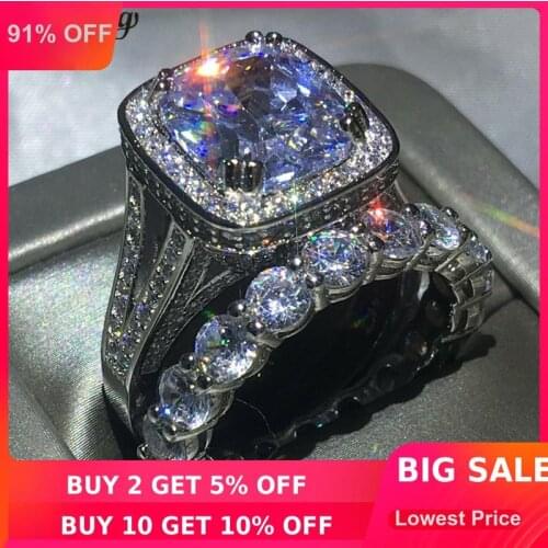 Choucong Lovers ring set cushion cut 8ct Clear 5A zircon Cz White Gold Filled 925 silver Engagement Wedding Band Rings For Women