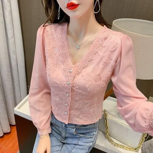 2021 New Lace Cardigan Blouse Shirt Mesh Lace V Neck Embroidery Sequins Crop Top Elegant Sweet Chiffon Long Sleeve Tops Blouses