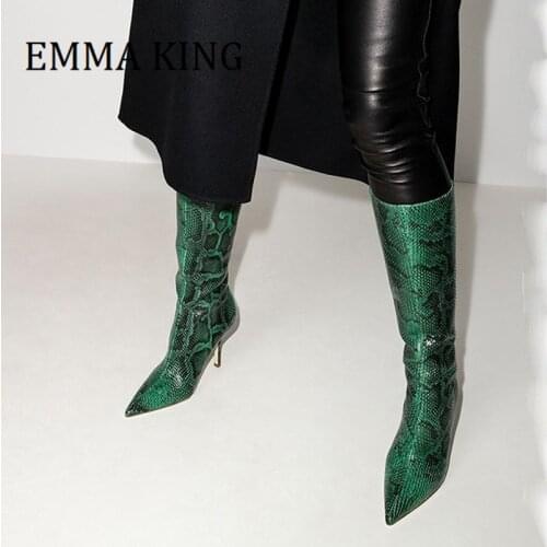 Spring and Autumn 2021 New Leather Knee High Boots Green Serpentine High Heels Boots Large Size Womens Shoes Chelsea Long Boot