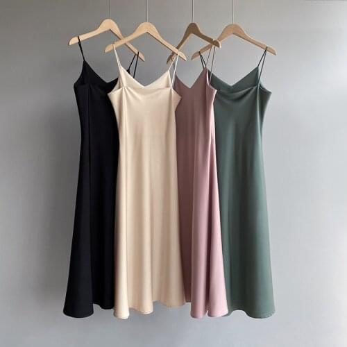 Obrix Sweet Light Basic Female Satin Dress V-Neck Sleeveless Spaghetti strap Mid Length A-Line Casual Style Oterwear For Ladies
