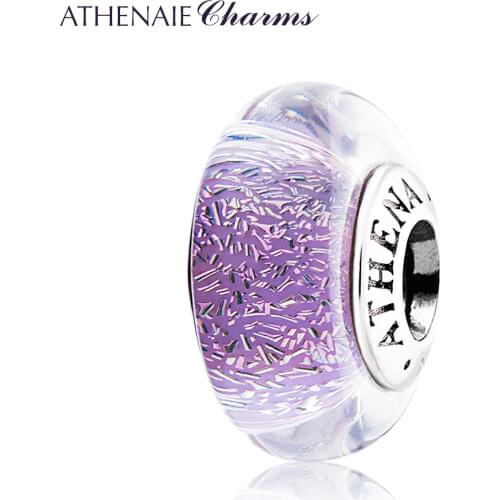 ATHENAIE Genuine Murano Glass Beads 925 Silver Core Purple & Pink Shimmer Charms Bead Fit Pandoroa Charms and European Bracelets