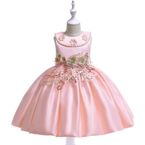Flower Girls Dresses Kids Satin Dress with Applique Band Formal Girls Wedding Party Dance Dress Children Clothing Ball Gown