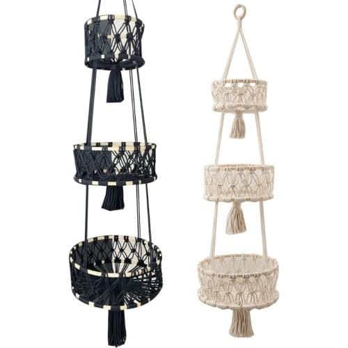 Q0KF Boho 3 Tier Hanging Fruit Basket Woven Macrame Tassel Plant Holder Organizer