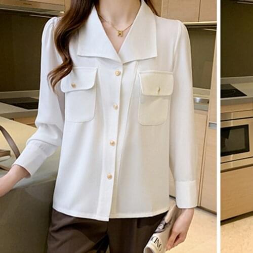 Vogue solid color office ladies shirts Womens Blouses New Spring Autumn Long Sleeve pockets Shirts Tops Blusas Mujer