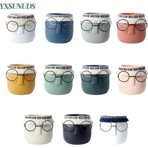 Nordic Ceramics Sculpture Flower Pot Garden Succulent Planter Retro Tassel Wearing Glasses Statue Plant Potted Pots Home Decor