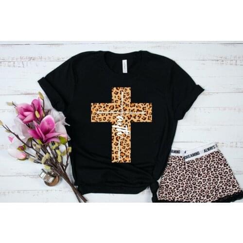 Faith Leopard Cross Christian Jesus Shirt Bright Fashion Harujuku Cotton Female Clothing Graphic Short Sleeve Women O Neck Tees