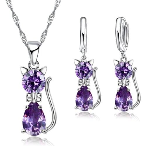 Jewelry Sets Accessories Genuine 925 Sterling Silver Cubic Zirconia Clear Cat Necklace Pendant+Leverback Earrings Hot Sall