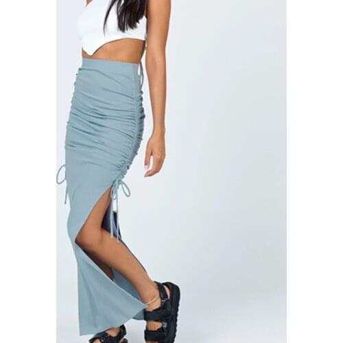 Women High Waist Wrapped Skirts Solid Color Ribbed Package Hip Bottoms Clothes Ladies Split Drawstring Ruched Skirt Casual Party