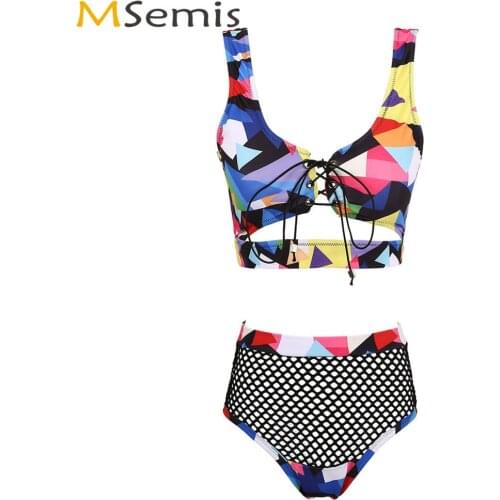 Women Exotic Flamingo/Grid Print Bikini Bathing Suit Fashion Montage Lingerie Set Sexy Strappy Crop Top+High Cut Fishnet Panties