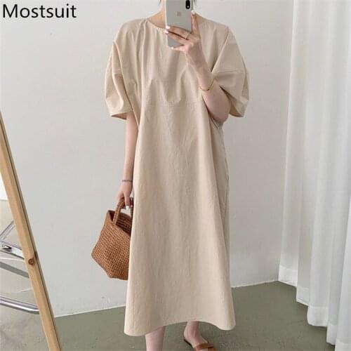 2021 Summer Korean Solid Women Long Dress Puff Sleeve O-neck Loose Waist Loose Fashion Midi Dresses Vestidos Femme
