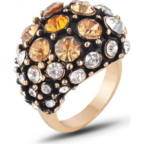 Fashion Antiqued Gold Color Champagne Rhinestone Rings for Women Romantic Crystal Finger Rings bijoux femme Bridal Jewelry Gift