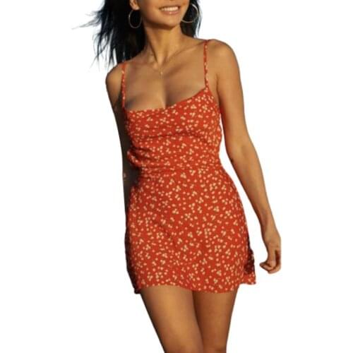 Womens Floral Print Mini Dress, Sexy Sleeveless Spaghetti Strap Self-Tie Backless Cami Dress