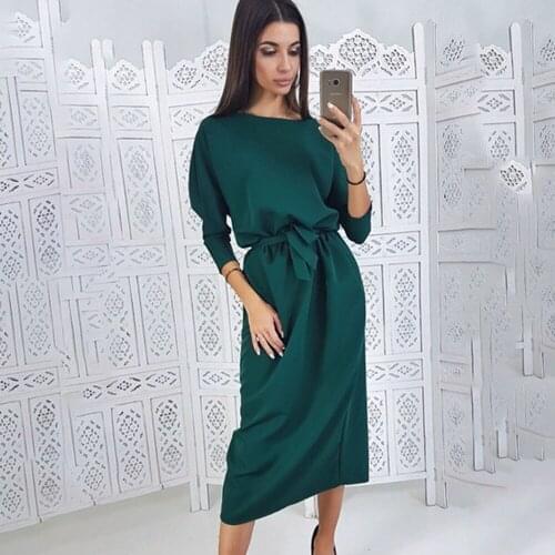 Autumn Casual Sashes Midi Dress Women 2021 Fashion O-Neck Long Sleeve Green Knee-length Dresses Elegant Office Lady Party Dress