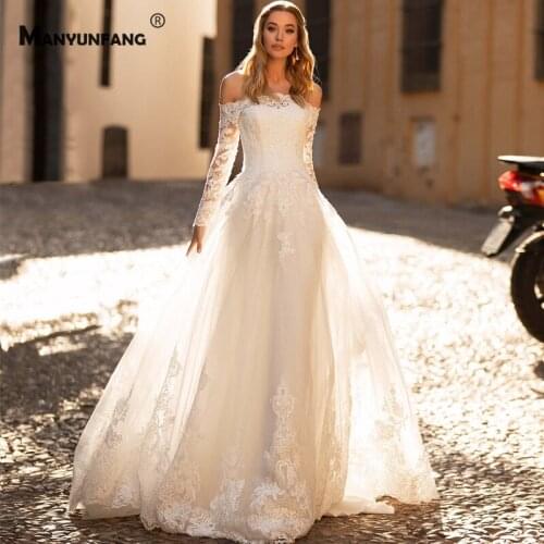 Wedding Dress for Women Off the Shoulder Embroidery Appliques Tulle Court Train Boat Neck Button Back Bridal Ball Gown 2021