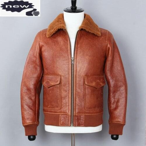2021 One Motorcycle Brown Sheepskin Genuine Leahter Men Fur collar Wool Liner Bomber Jacket Winter Coat