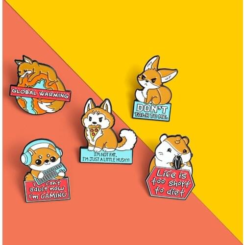 Life Is Foo Short Fo Dief Custom Fox Shiba Inu Hamster Enamel Pins Global Warming Brooches Shirt Lapel Animal Badge Jewelry Gift