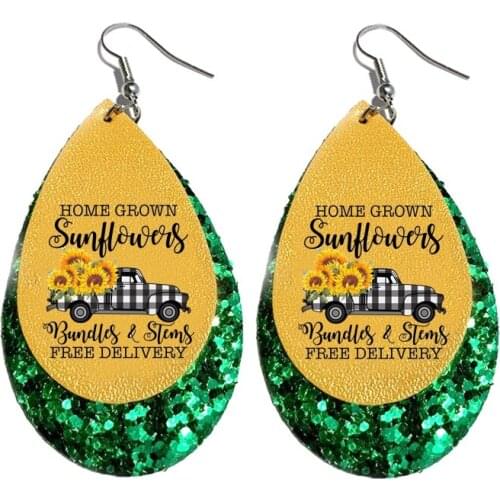 Home Grown Sunflower Earrings Leather Earrings Triple Layer Glitter Lightweight Earrings Gifts