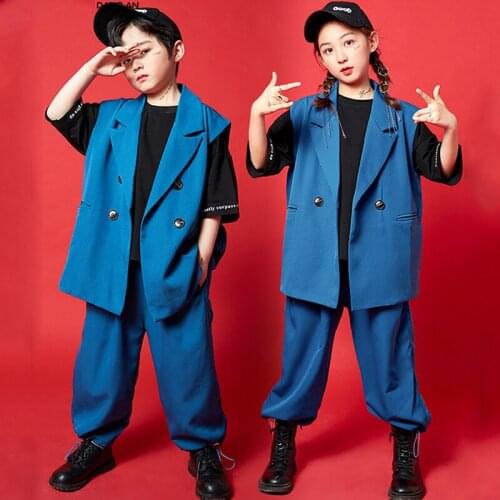 Kids Hip Hop Dance Costumes Blue Suit Tops Pants Short Sleeve Girls Clothing Street Dance Show Wear Boys Stage Costume BL5786