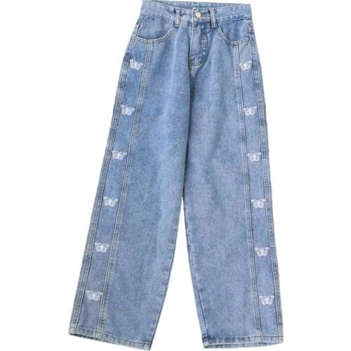 Denim Jeans Womens Spring Autumn High Waist Loose Casual Bottoms Beautiful Butterfly Embroidery Vintage Blue Jean Trousers Long