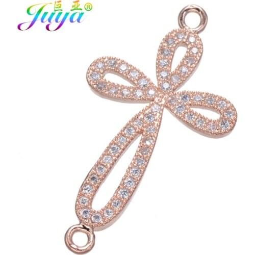 Juya DIY Christian Earrings Bracelet Making Findings Supplies For Micro Pave Zircon Religious Cross Charm Connectors Accessories