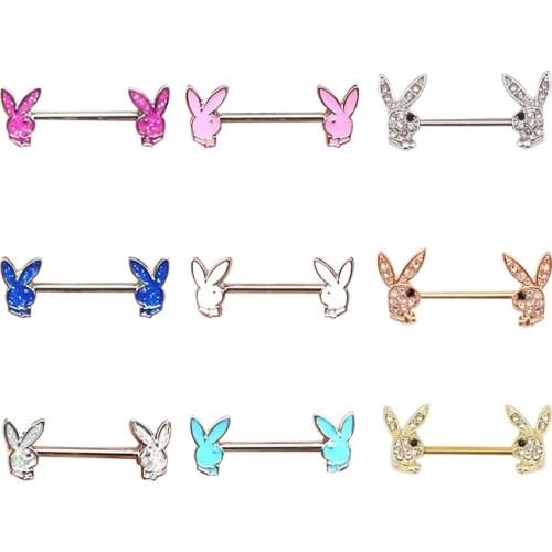 2PCS Luminous Rabbit Nipple Piercing Ring Stainless Steel Bar Nipple Piercing Cartoon Bunny Chest Stud Body Jewelry