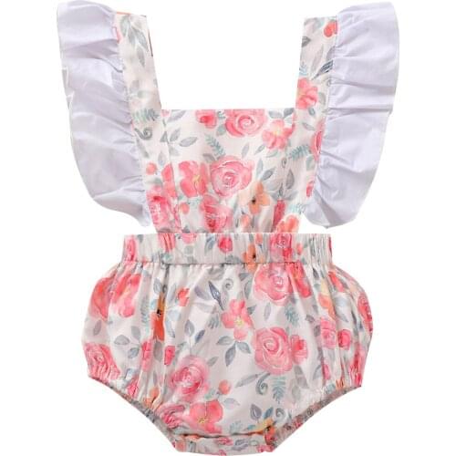 Toddlers Flower Printing Romper, Infant Girls' Flying Sleeve High Waist Bodysuit, Babies Square Collar Clothing