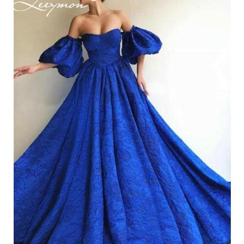 Leeymon Vintage Blue Jacquard V Neck Evening Dress A-Line Puff Sleeves Floor Length Party Dress robe de soiree Custom Made