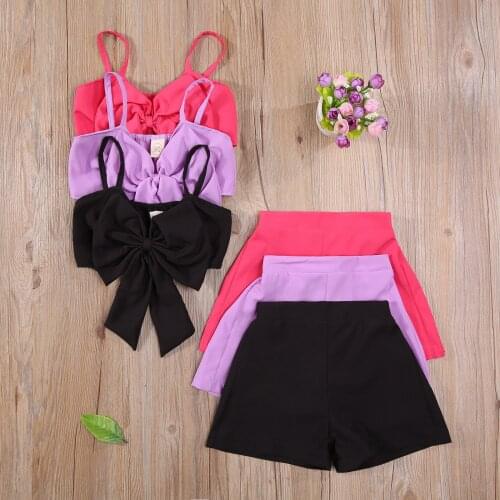 Toddler Baby Girls 2PCS Summer Solid Color Lovely Outfits Strap Sleeveless Bow Front Tank Tops Elastic Waist Shorts Casual Set