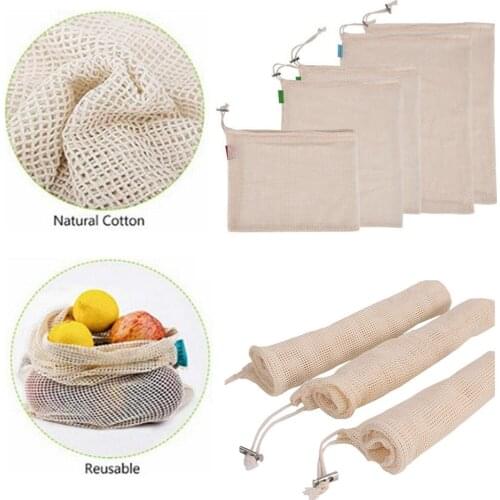 Dropship 1/2/3pcs Reusable Kitchen Fruit Vegetable Mesh Storage Bag Home Cotton Grocery Bag Holder Organizer with Drawstring